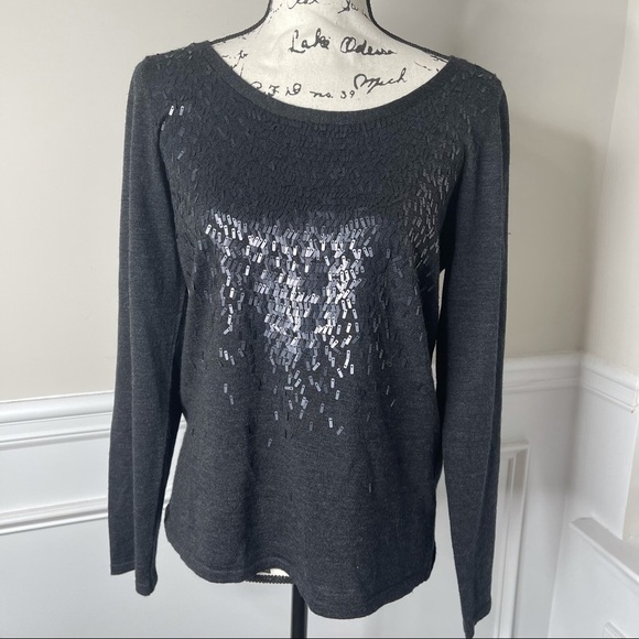 Eileen Fisher merino wool charcoal embellished sequin dark gray sweater‎ small - Picture 1 of 6